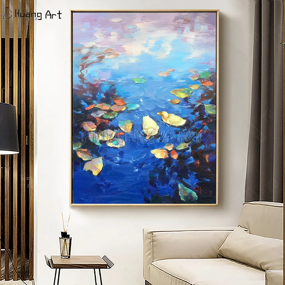 Hand-painted Landscape Oil Painting on Canvas Two Little Ducks Playing in the Sapphire Blue Lake Oil Painting for Wall Decor