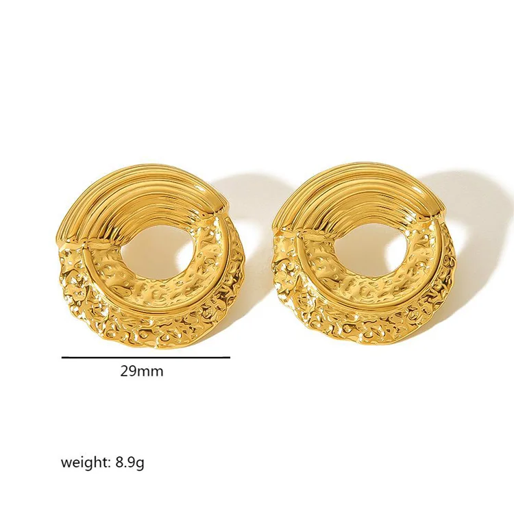 New Styles Round Corrosion Stud Earrings 18K PVD Gold Plated Vintage Wrinkle Stainless Steel Earrings Wholesale