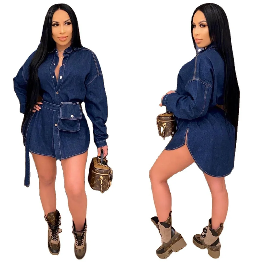 2021 women casual button denim shirt dress pockets long sleeves dress with belts summer clothing