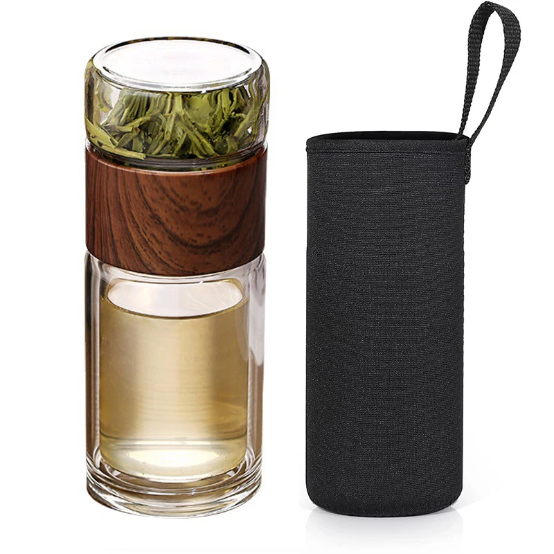 Double Wall Glass Tea Separator Bottle With Filter Tea Infuser Bottles  Leak-Proof Glass Tea Tumbler with Wood Color For Office