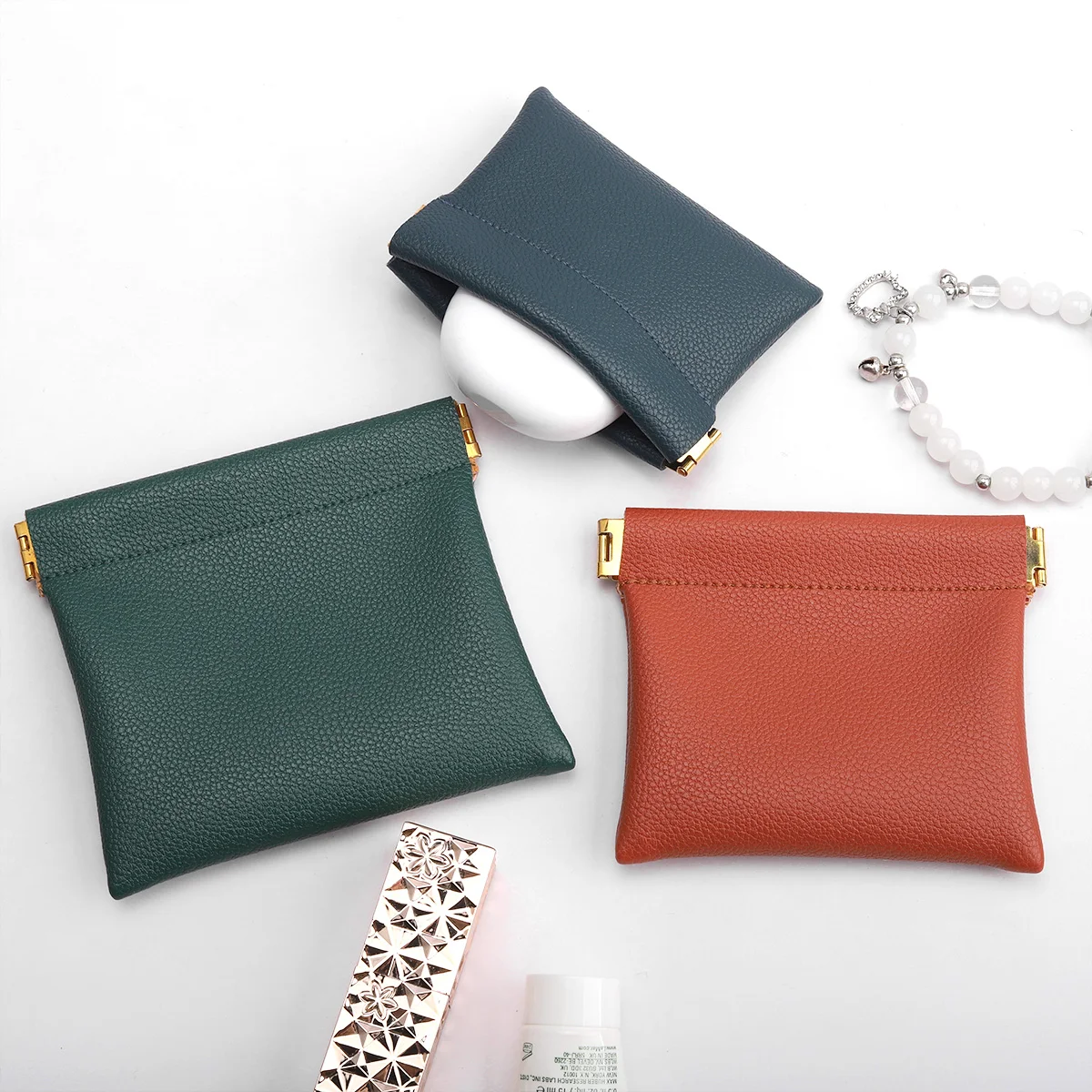 Wholesale Custom Fashion Pu Leather Magnetic Pouch Bag With Logo Shrapnel Closure Leather Cosmetic Jewelry Pouch