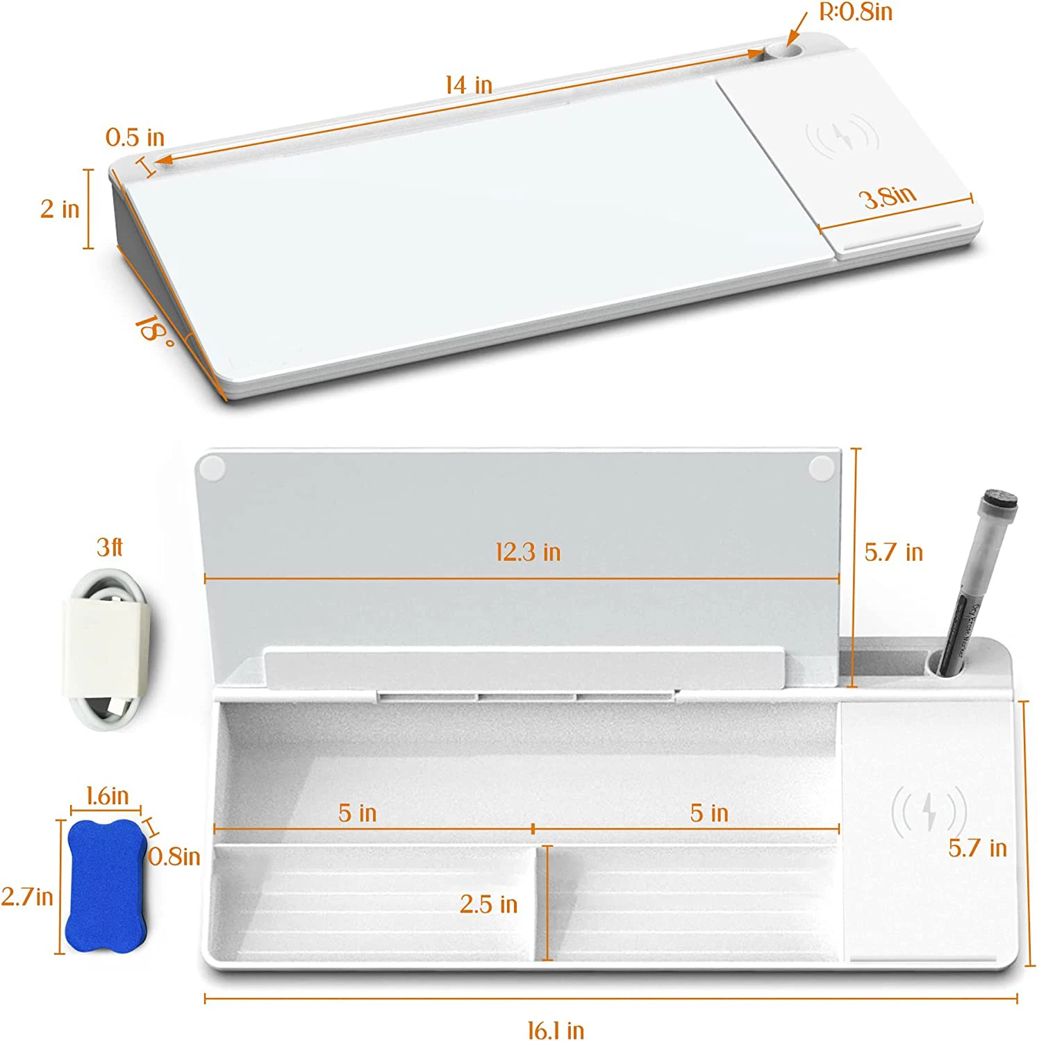 Desktop Glass Whiteboard with Wireless Charger  Dry Erase Computer Pad Keyboard Stand with Organizer