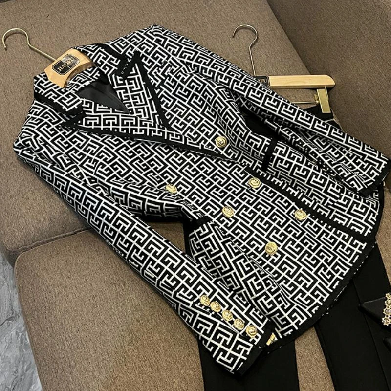 Stylish Western Style Ribbon Edge Classical Black White Geometric Pattern Jacquard Double-breasted Women Blazer