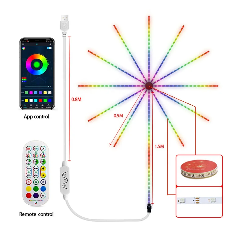 LED Smart Dream Color Firework Lights Decorative Electric Remote Control Firework Strip Light With APP Music