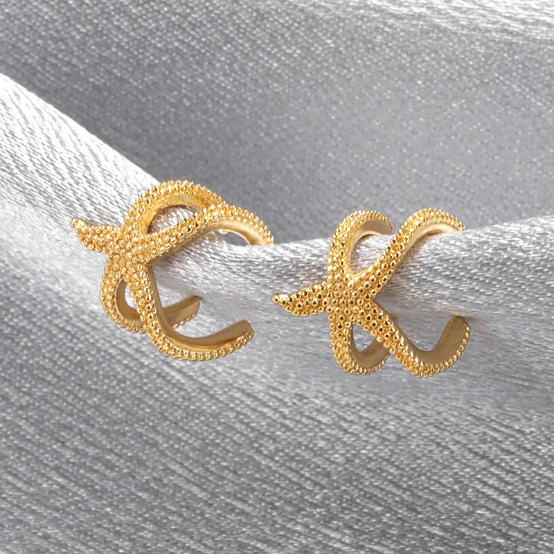 Korean Style New Designer Trendy Summer Beach Ladies High Quality Brass Cubic Zirconia Starfish Charm Earrings Ear clip