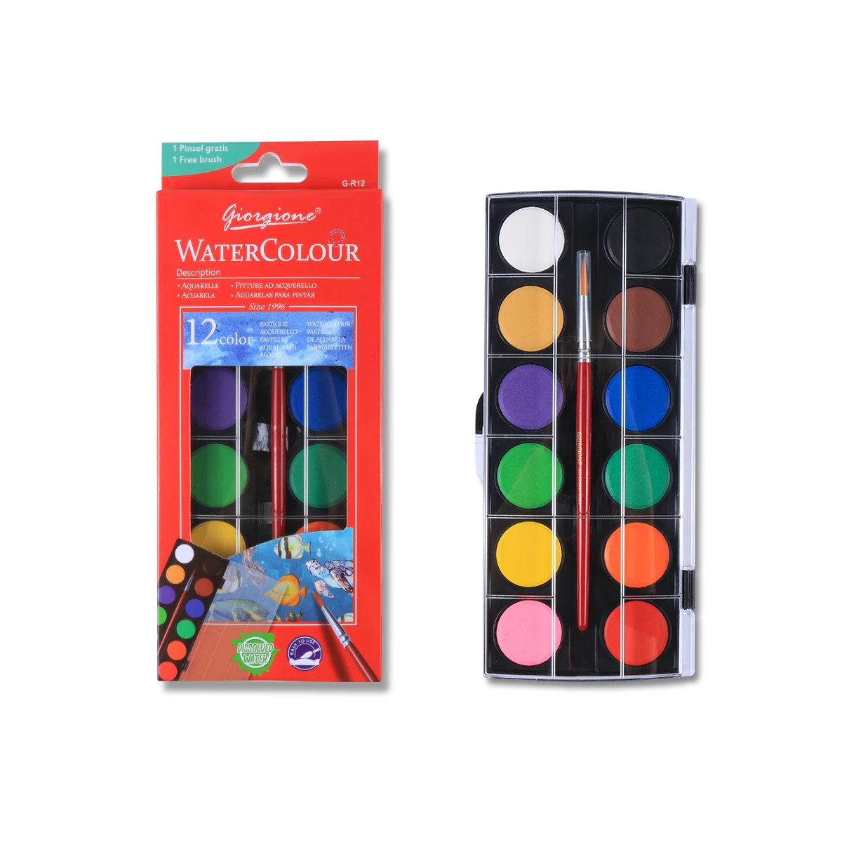 Giorgione 8 12 21 colors Solid Watercolor Paint Cakes set with Color box package free Paintbrush