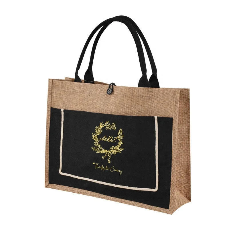 Hot Selling Reusable Natural Linen Hessian Beach Shopping Jute Tote Bag Custom Logo Printed Wholesale