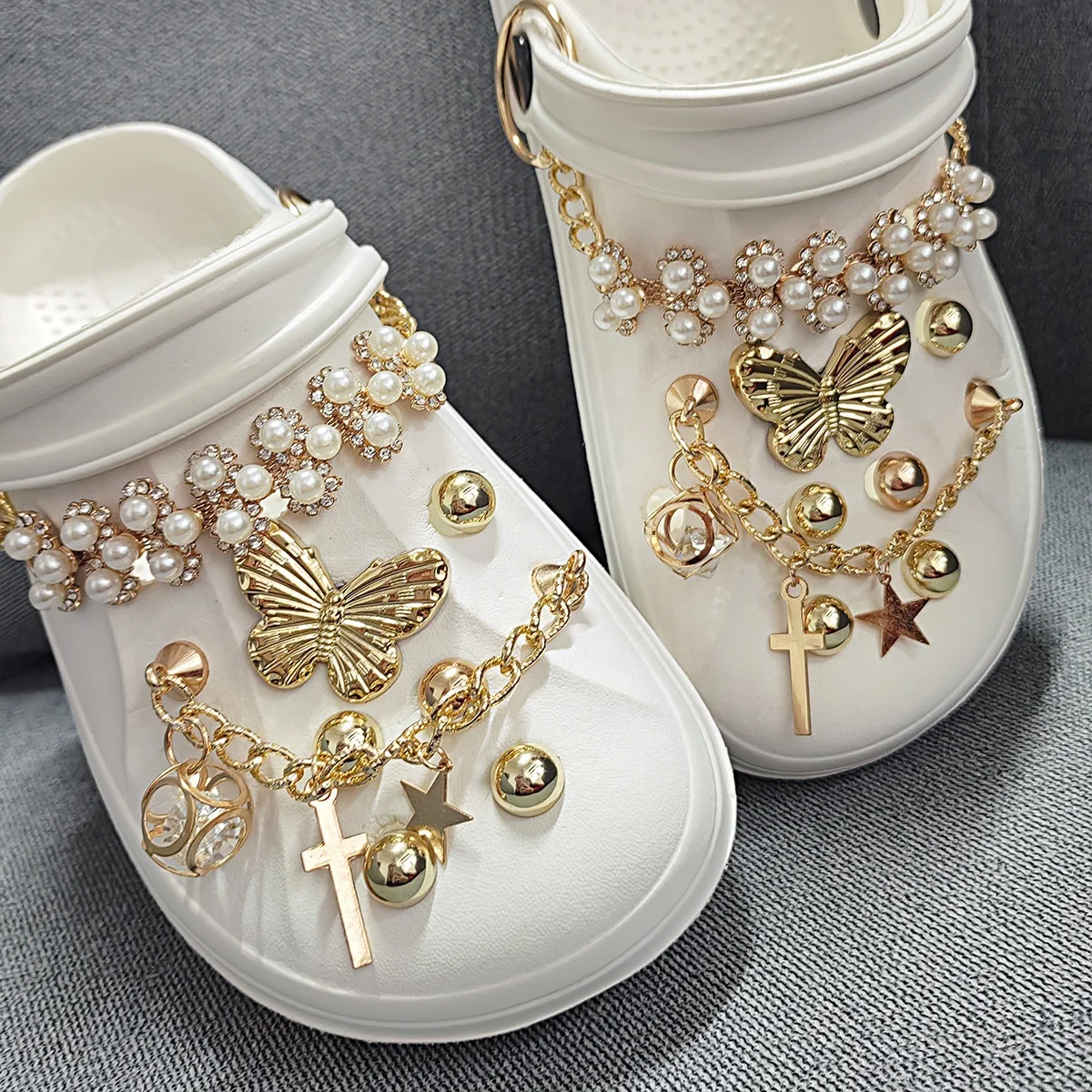 Gold chain metal line butterfly Clogs accessories imitation pearl chain gold series hole shoe charms
