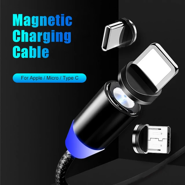 
360 degree rotatable braided 3 in 1 magnetic charging usb cable with LED light 