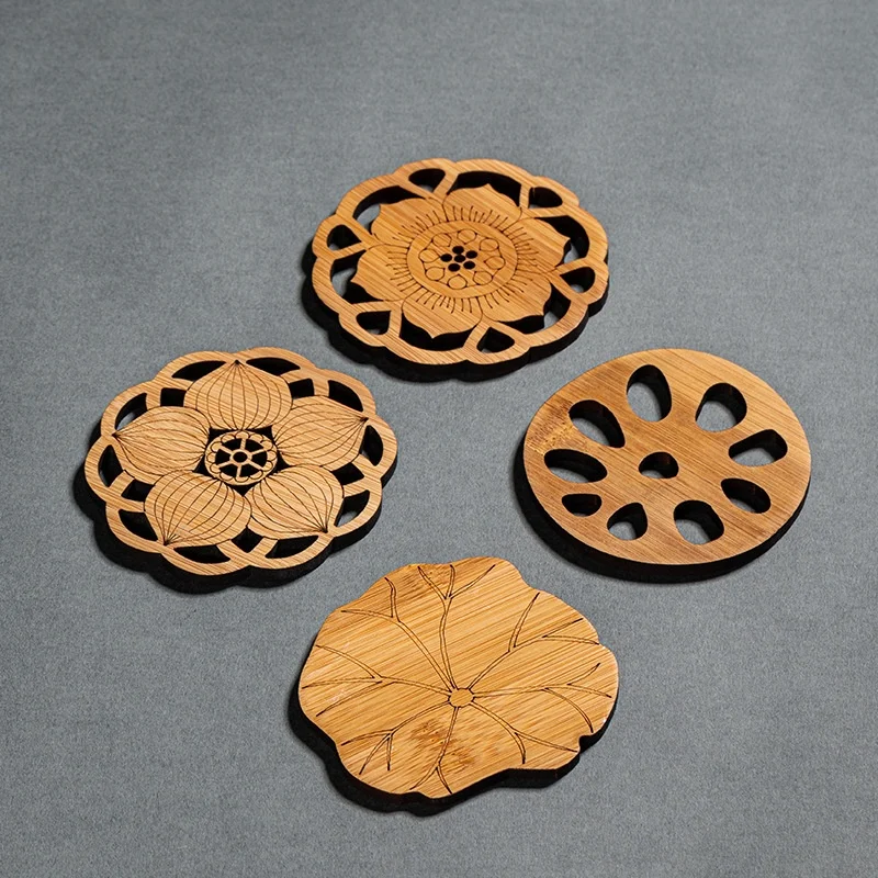 Bamboo coaster tea ceremony Zen Chinese style lotus leaf hollowed out tea saucer tea set small coaster insulation mat table mat