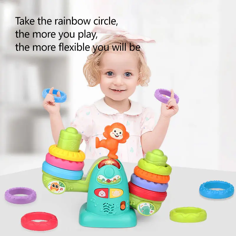 QS Popular Baby Education Toys STEAM Colorful Ring Electric Musical Rainbow Balance Circle Stacking Toys For 3-8 Ages Kids