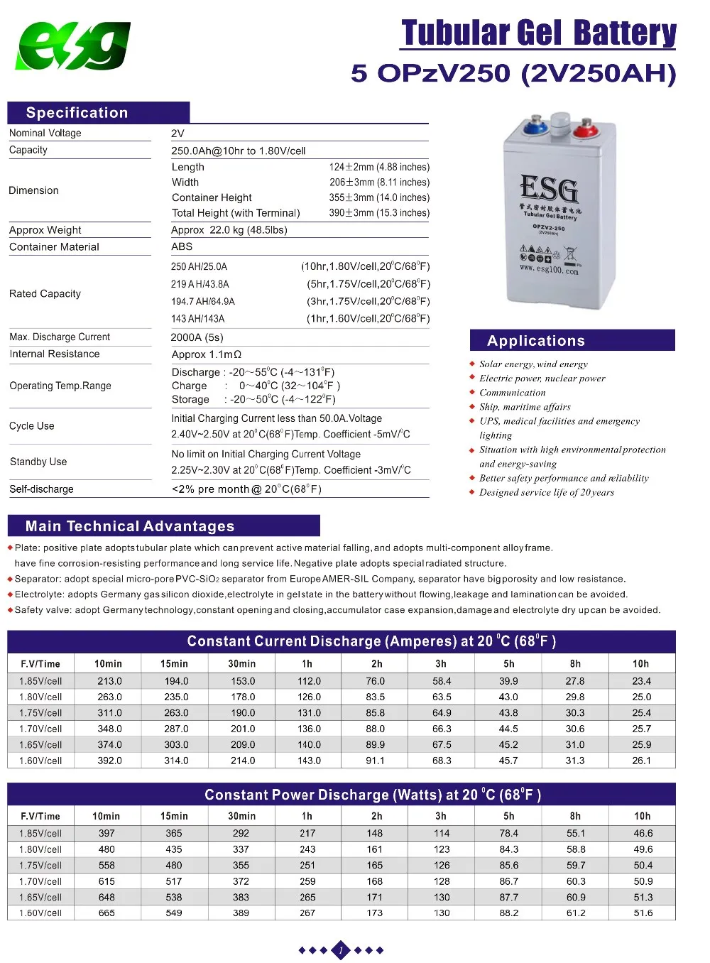 ESG 2V 200AH 300ah трубчатые пластины затопленная батарея OpzV солнечной системы хранения энергии