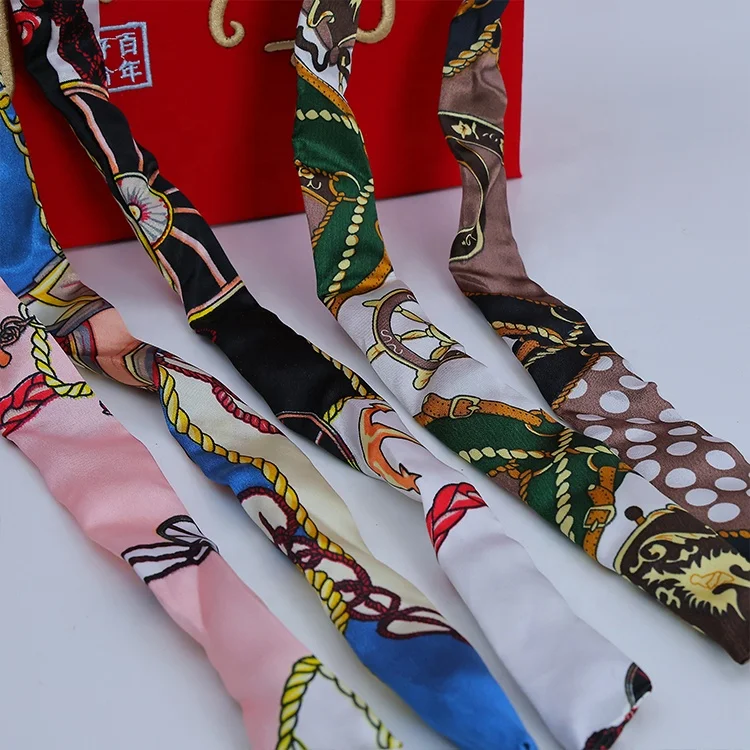 Digital printing Hair Scarf Ribbon elegant Long Handle Bag Ribbons 100% Twill Silk Scarf for Women New Luxury Brand Skinny Scarf