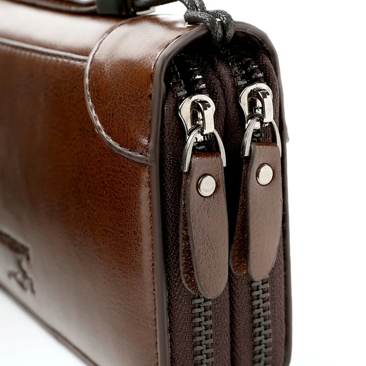 Factory custom long mens PU leather business clutch bag vintage double zipper handbag wallet for men