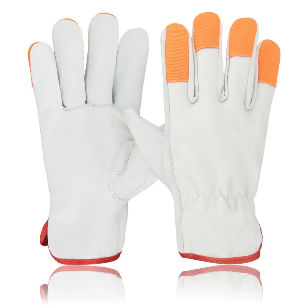 Driver Gloves made cow grain leather Keystone thumb red cotton piping yellow stripped on back sides of fingers