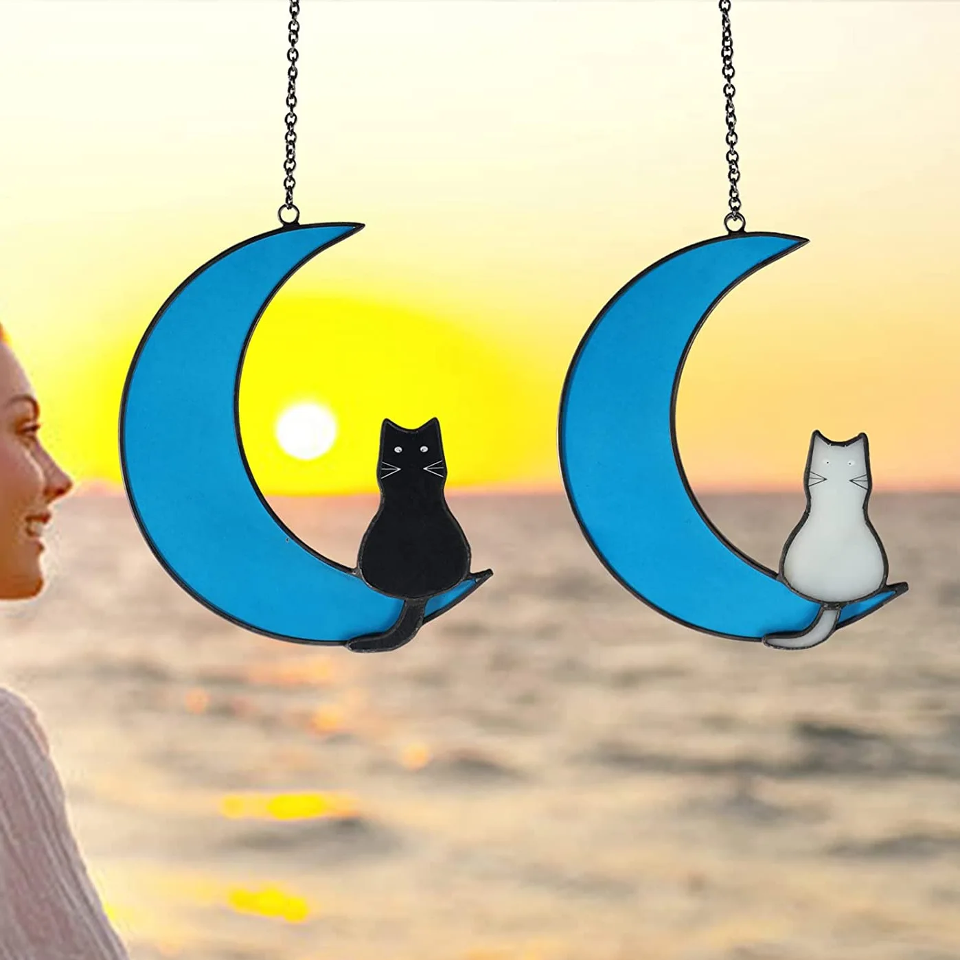 Custom Moon black and white Cat pendant Creative stained glass sun Catcher pendant inlaid commemorative gift suncatcher