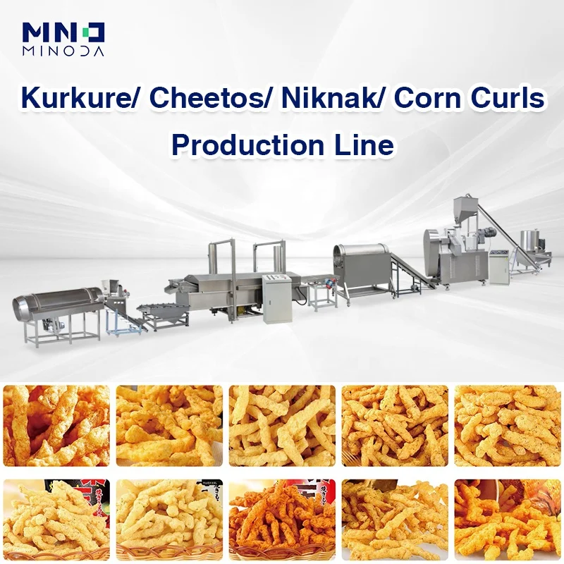 MINODA Custom Fried Crunchy Corn Curls Nik Nak Cheetos Kurkure Chips Corn Puff Snack Food Making Machinery Production Line