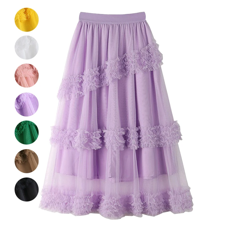 Korean Summer Dance Women Tutu Tulle Long Maxi Skirts Kawaii Sweet Princess Fairy Multilayer Mesh Swing Pleated Skirts Girls