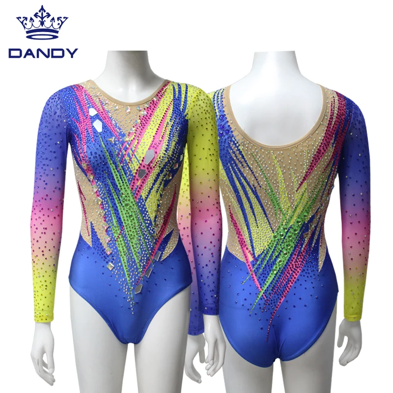 Shiny Colorful custom rhythmic gymnastics leotard girls with rhinestones for competition