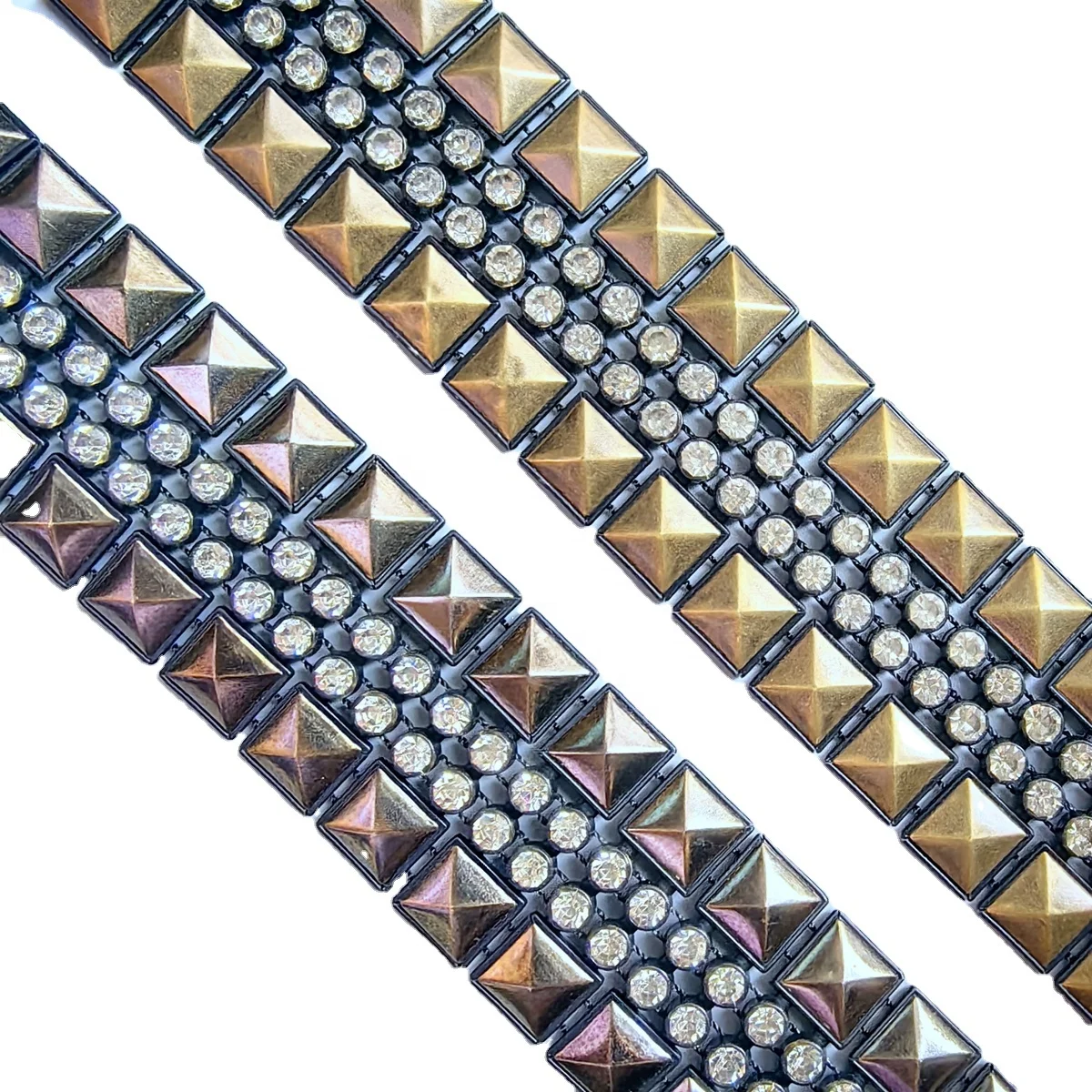 3.5cm wholesale stock sewed on polypropylene PP resin plastic pyramid stud rhinestone crystal webbing for bags and shoes