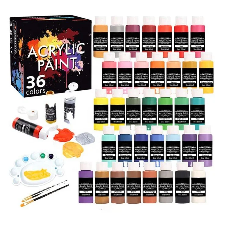 36 Colors (60ml, 2oz) with 3 Brushes & 1 Palette kids art acrylic paints set