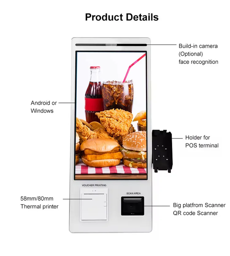 WUXIN self payment kiosk 21.5 24 32 Inch Restaurant Automatic Touch Screen Unattended Self Ordering Machine Android /Win kiosk