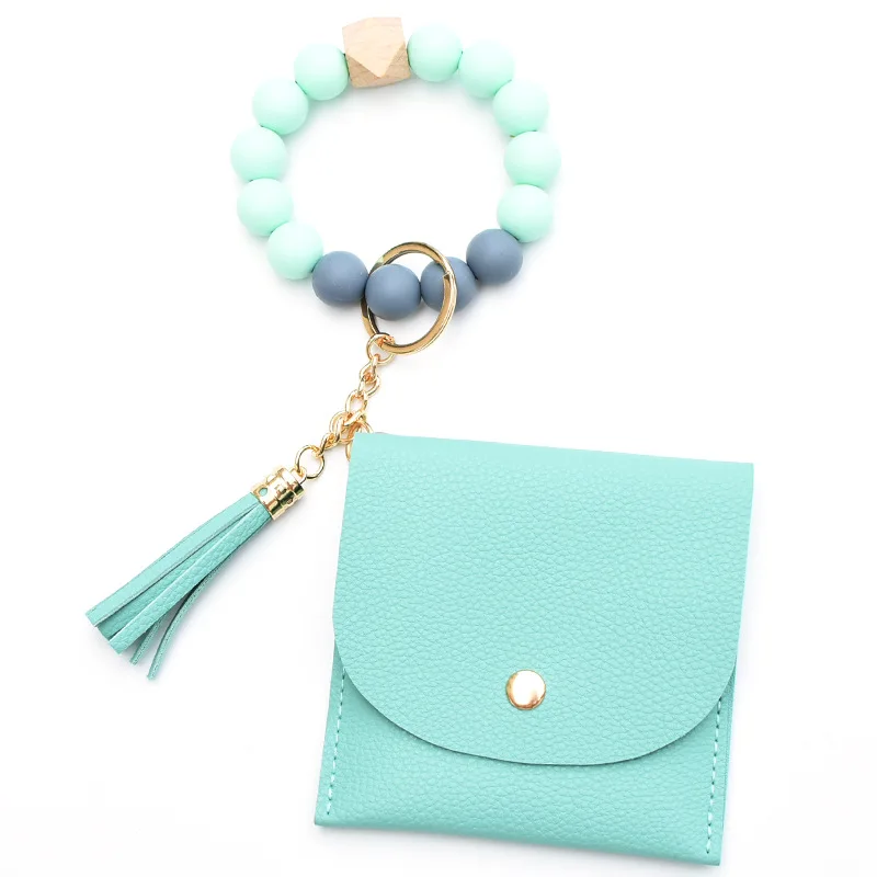Tassel Key Ring Bangle Purse Designer Leather Card Holder Silicone Beaded Wristlet Keychain Wallet