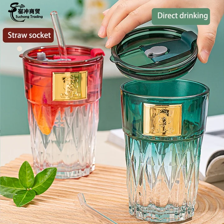 Little Bear Flower Clear Bamboo Glass Tea Coffee Cup Mugs With Lid And Straw