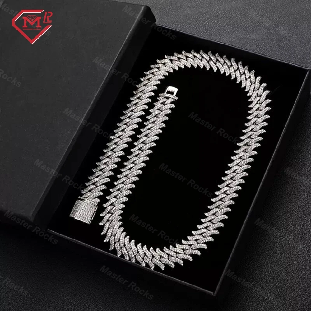 Hiphop Spike Cuban Link Chain 925 Sterling Silver GRA Certificate Iced Out 16mm Moissanite Cuban Chain