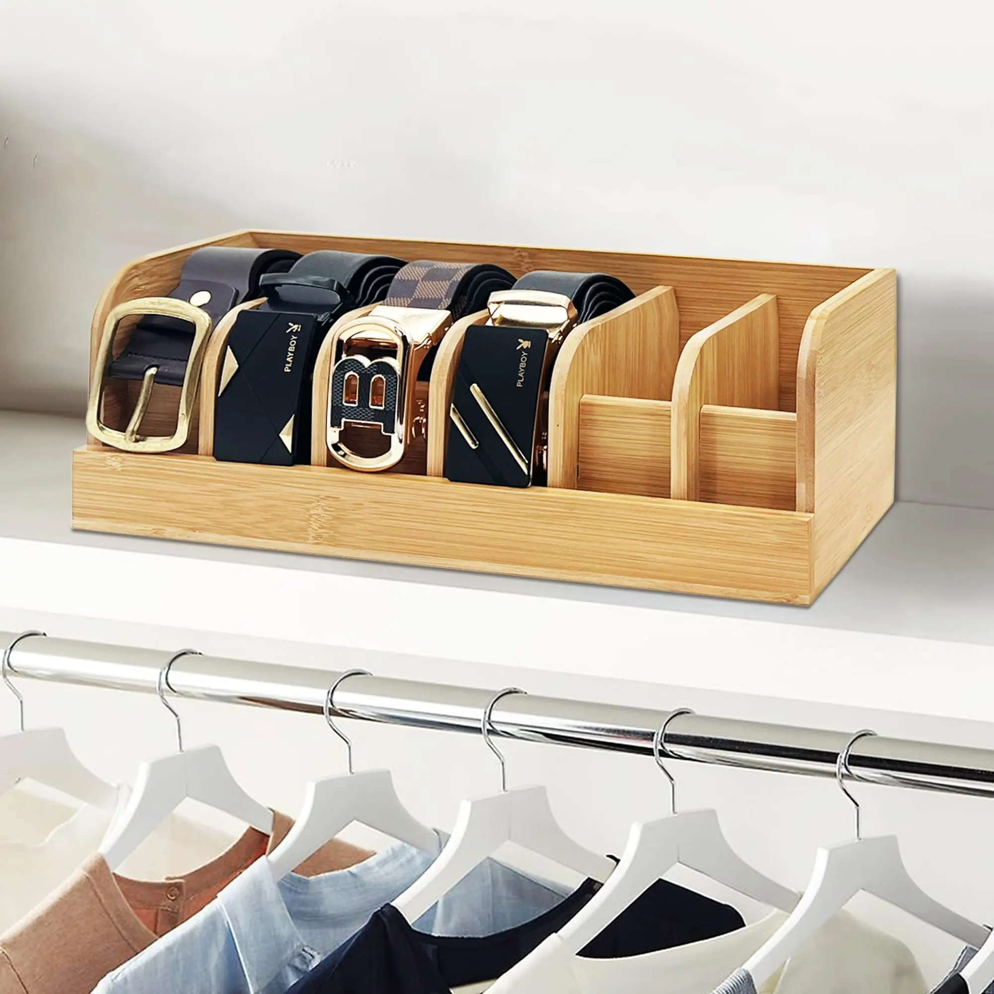 Bamboo Belt Organizer Box 6 Slot Belt Storage Rack Organizer for Closet and Drawer Belt Display Organizer for Men Women