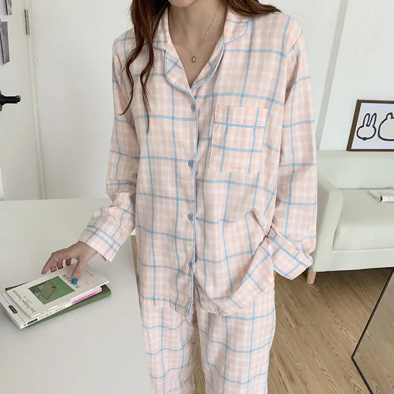 
Wholesale Sleepwear Grid Pajamas Women Daily Loose Pyjama 
