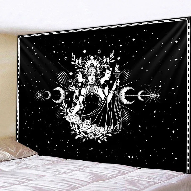 60X80n Inches Black And White Pray With Moon Star Gothic Witch Blessed And Snake Stone Tapestry Wall Hanging