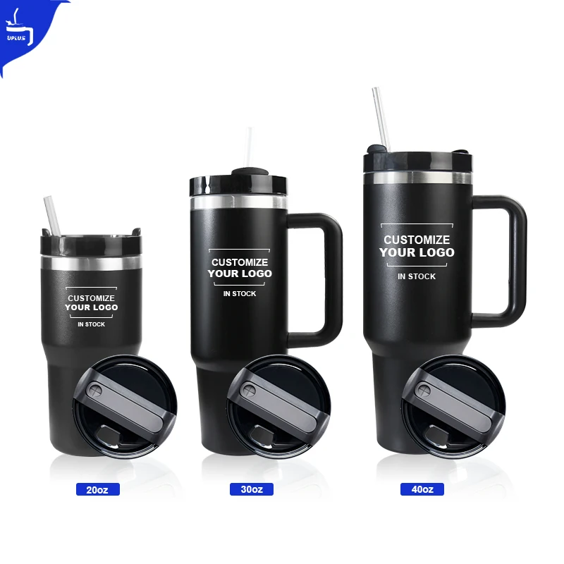 Custom 40 oz travel coffee mug black adventure reusable vacuum quencher stainless steel 40oz tumbler with handle and straw