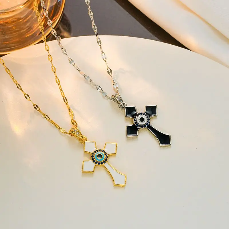 Fashion individuality with colored dripping oil cross stainless steel jewelry personality Hip hop popular zircon necklace