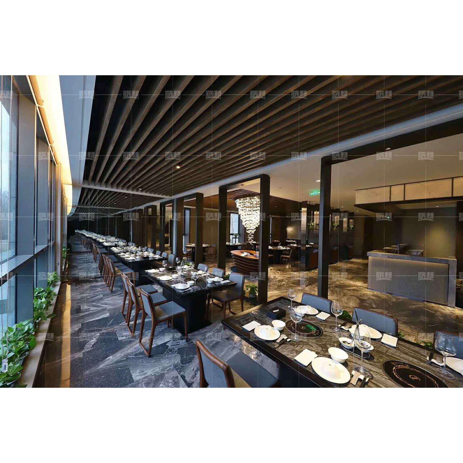 AOPA High End Hotel Furniture Luxury Marbling Glossy Glass Tabletop Hotpot Restaurant Table And Chairs