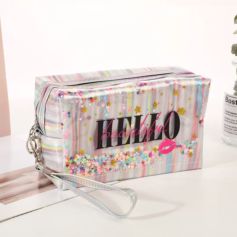 Luxury Elegant PVC Makeup Bag Holographic Laser Plastic Ziplock Pouch Bag Cosmetic Waterproof Travel Toiletry Cosmetic Bag