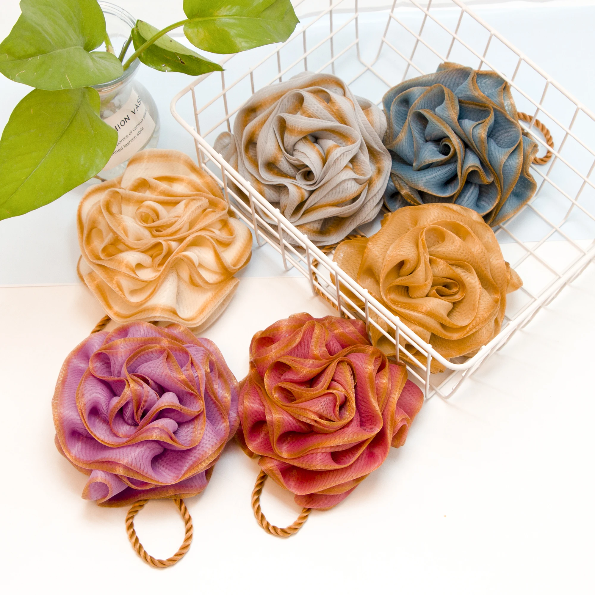 Custom Loofah Sponge Flower Shape Rose Mesh Pouf Exfoliating Shower Bath Sponge Scrubber Ball Luffa Sponge