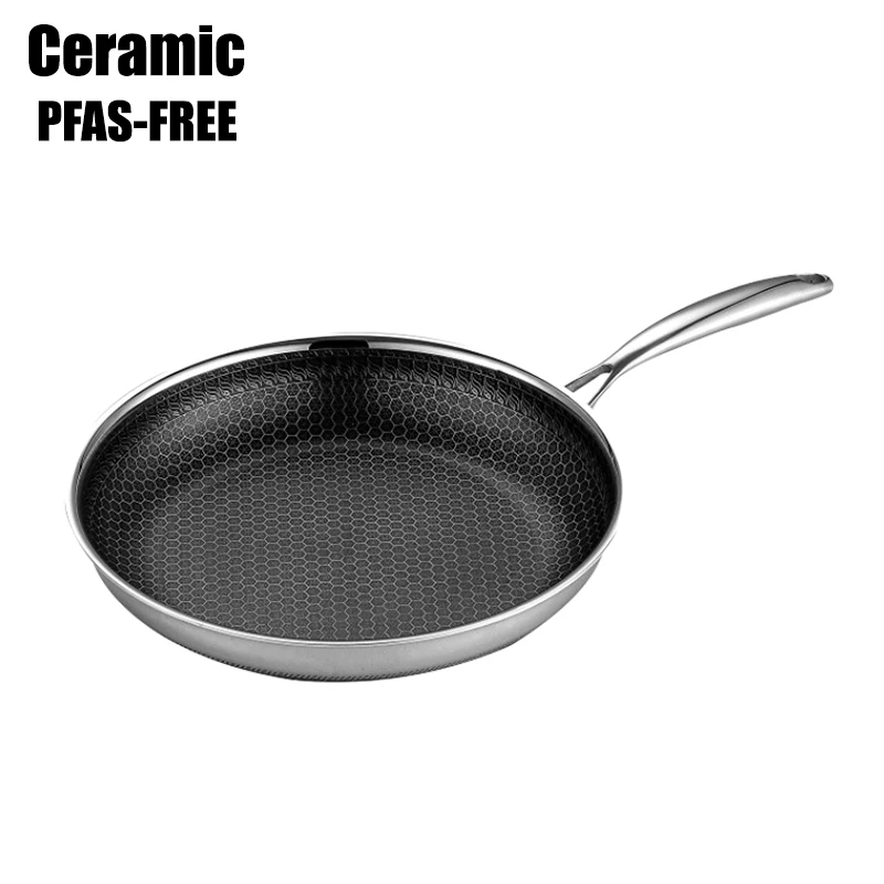 Modern Design Eco-friendly Skillet Stainless Steel Handle Frying Pan PFAS And  PTFE Free Honeycomb Cookware
