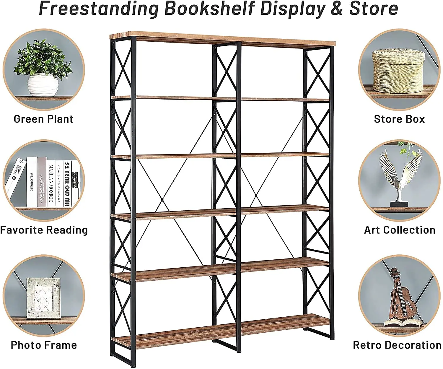 Black Double Wide 6-tier Living Room Shelves Floor Shelf Display Shelves With Metal Frame For Living Room