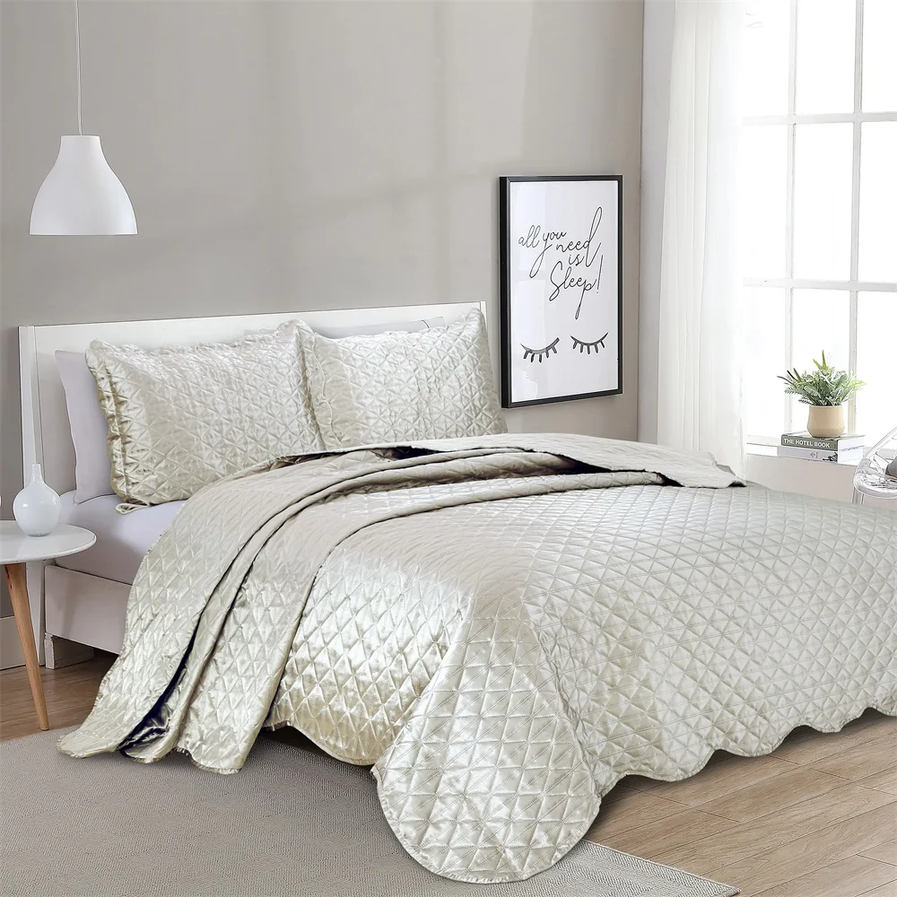 New 3pc Plaid Reversible Bedspread/Quilt Set Satin Coverlet set
