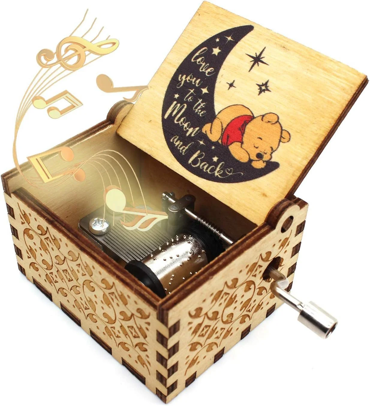 Ever Bright Wholesale Classical Movie Bear Anime Winnie Wood Mini Hand Crank Music Box For Children Christmas gifts