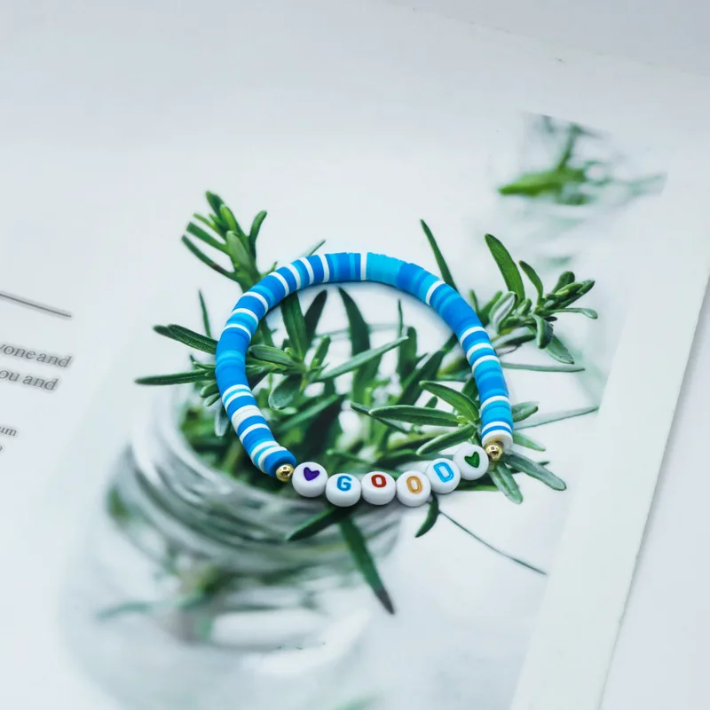 custom Boho polymer clay beads motivational Love Blessed name words stretch Initials bracelet for women
