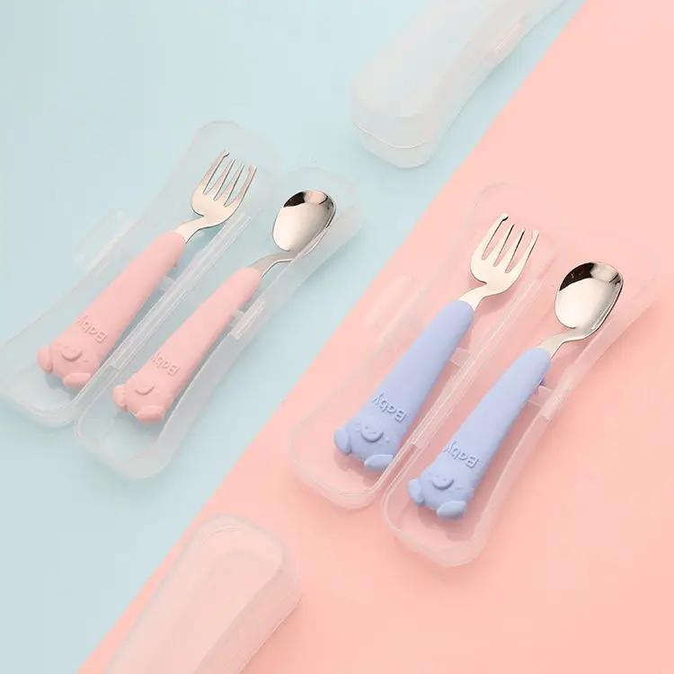 304 Stainless steel spoon and fork set silicone handle  for Children