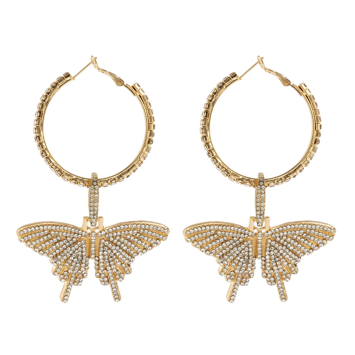 Wholesale Fashion Gold Plated Big Rhinestone Butterfly Dangle Hoop Earrings for Women