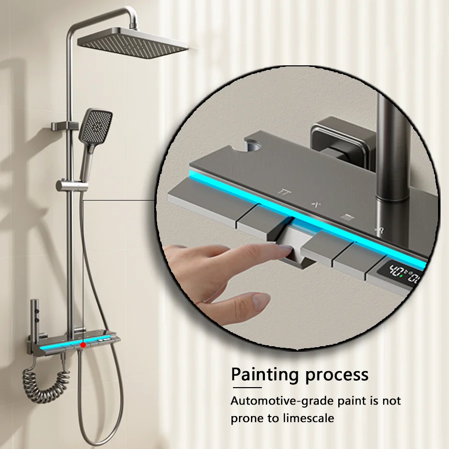 Kahnos Modern Black Brass Thermostatic Rain Faucet Smart Digital LED Piano Keys Bathroom Shower Set