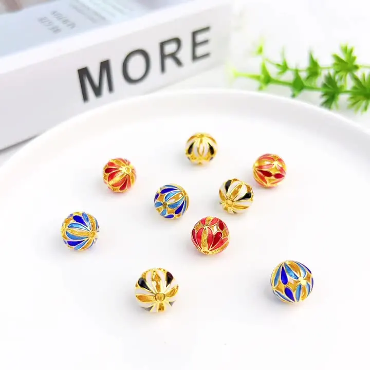 2Pcs Copper Alloy Drip Oil Cloisonne Flower Round Loose Spacer Beads Charm For DIY Handmade Jewelry Making Bracelet Accessories