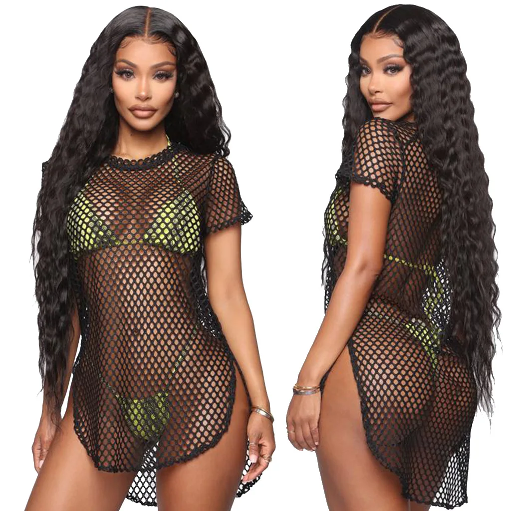 Summer Oversized Mesh Tassels Beach Dress Women Swimwear Bikini Cover Up Female Mini Loose Solid Pareo Tops Swimsuit