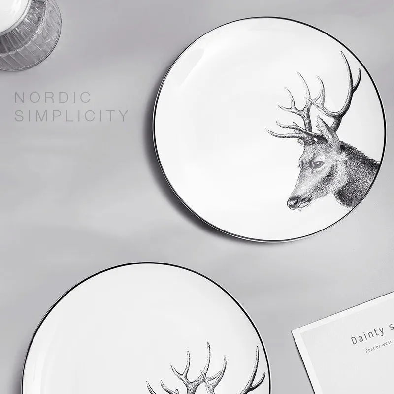 2pcs Porcelain Streak Plate Animal Elk Hamburger Breakfast Beef Steak Ceramic Dinner Plate 10.5 Inch Modern Steak Plate Set