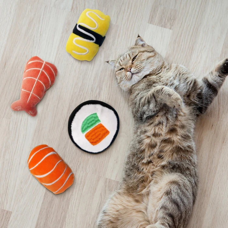 hot 6 Pack Sushi Cat Toys  Sushi Roll Pillow Kitten Chew Bite Relief Cleaning Plush Gift pet Toy