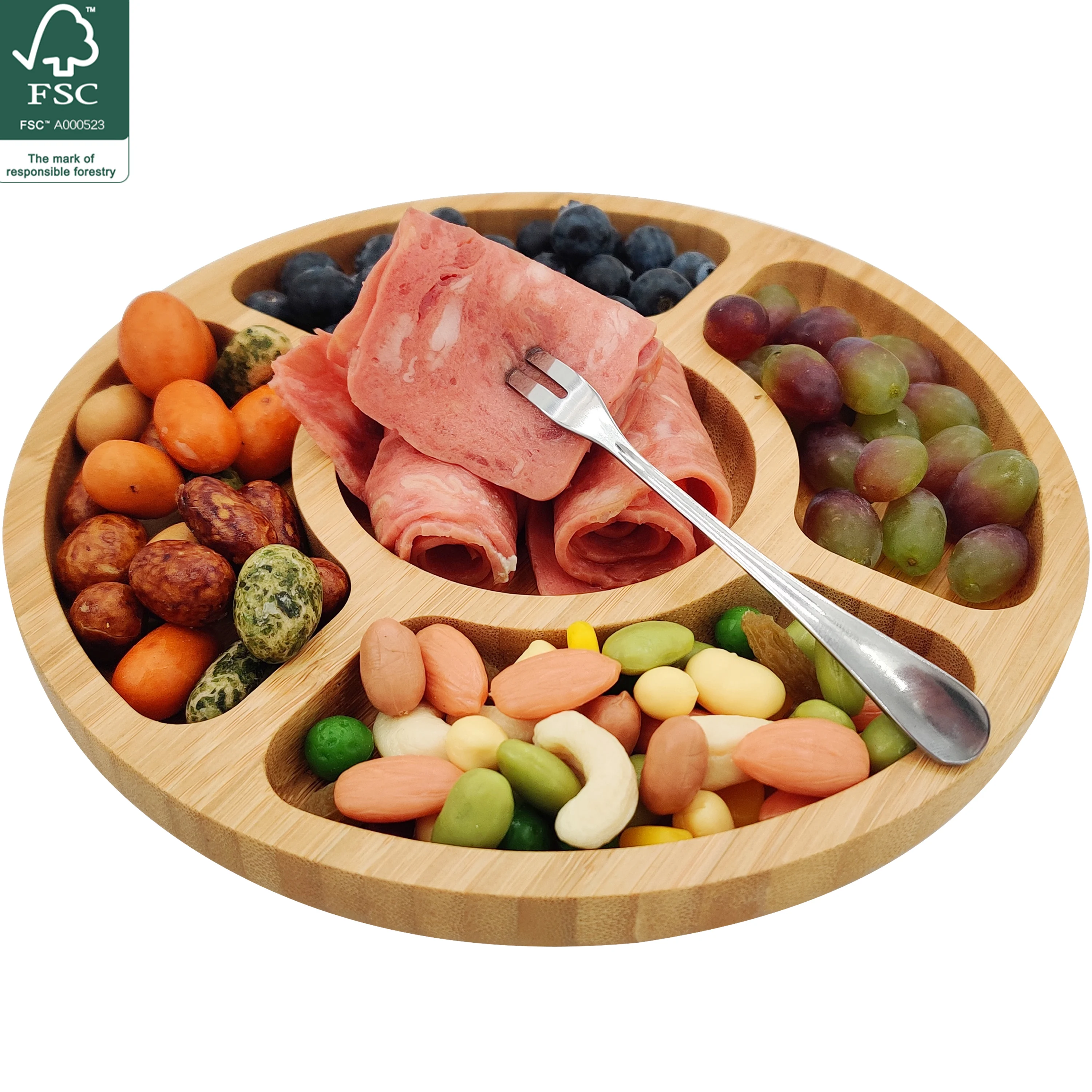 5 Compartments Round Custom Cheap Dry Fruit Wood Bamboo Divider Snack Serving Plate,Bamboo Nuts Serving Tray